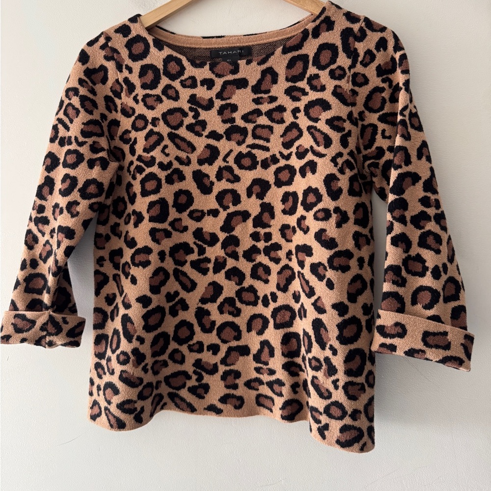 Tahari Leopard Print Crewneck Sweater in Tan and Black